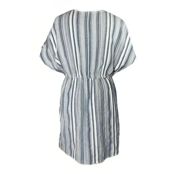 Goa Beachwear Japna MED Beach Swim Cover Boho Dress Tassels Blue Stripe V Neck - Picture 2 of 6